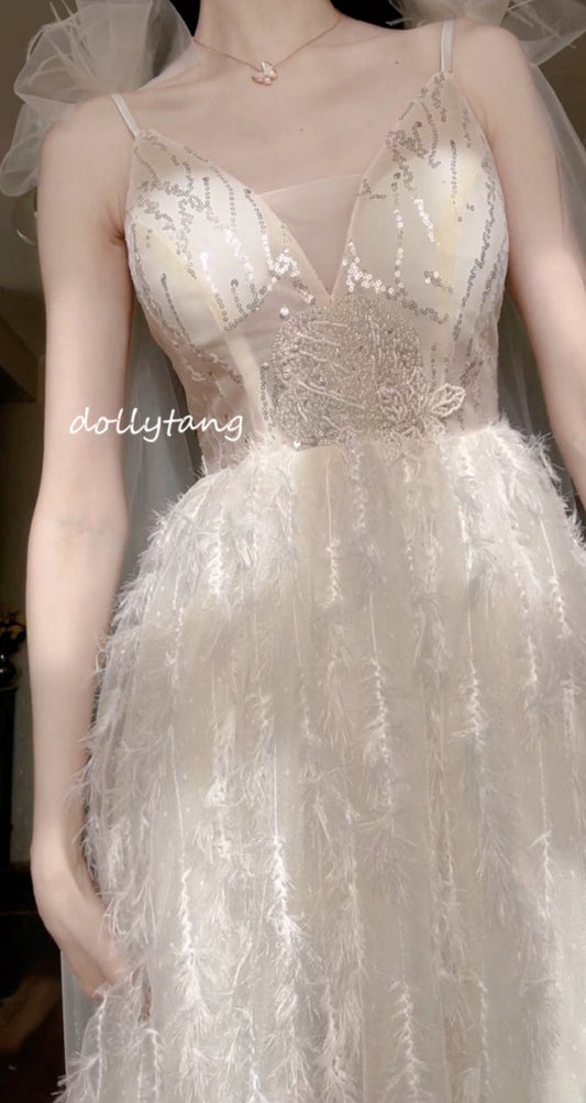 DOLLY Luxury Cream Sleeveless Flower Embroidery High Waist Weeding Dress-PITA