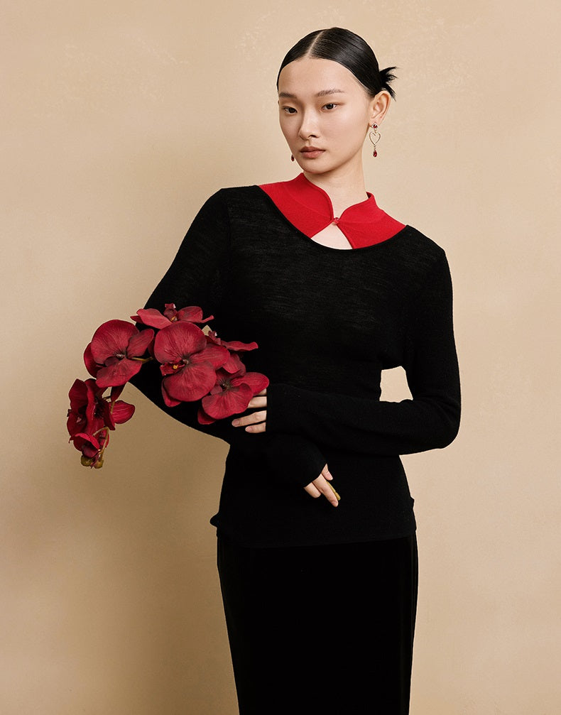 HECO 100% wool knit  black SWEATER hollow long sleeves spring - BRAY.