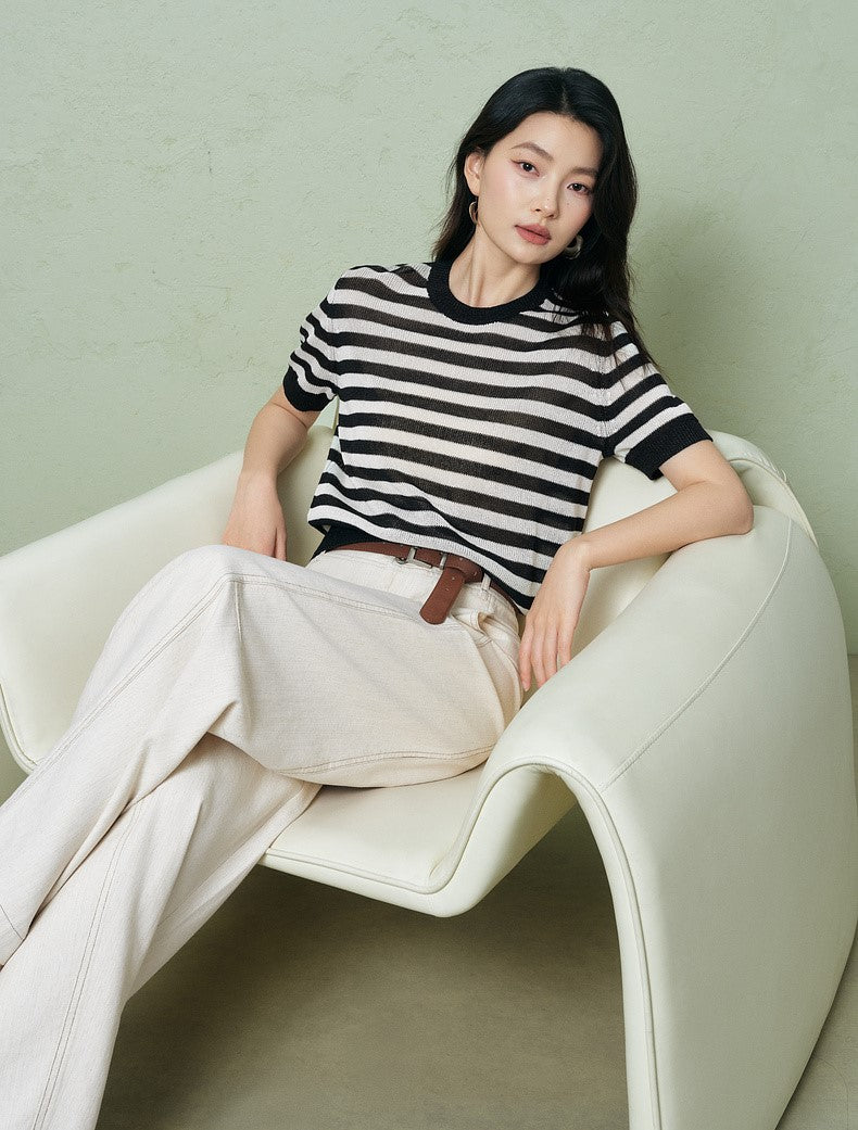 SUSHE light hollow texture striped short-sleeved knit sweater new stretch loose top -BESS