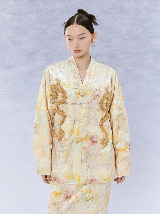 HECO 100% polyester tie dye long sleeve beige Jacket Sense Women's Top - glad.