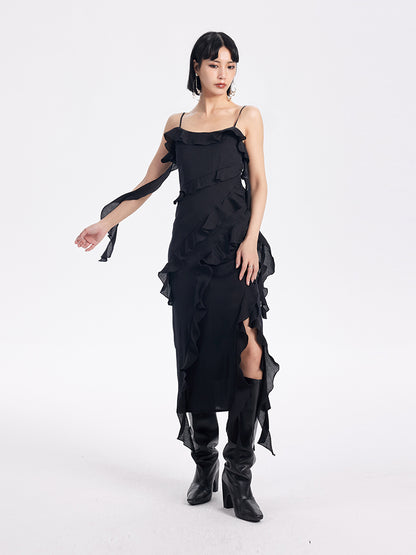 TINY IN ruffled side slit midi slip dress -KAKA