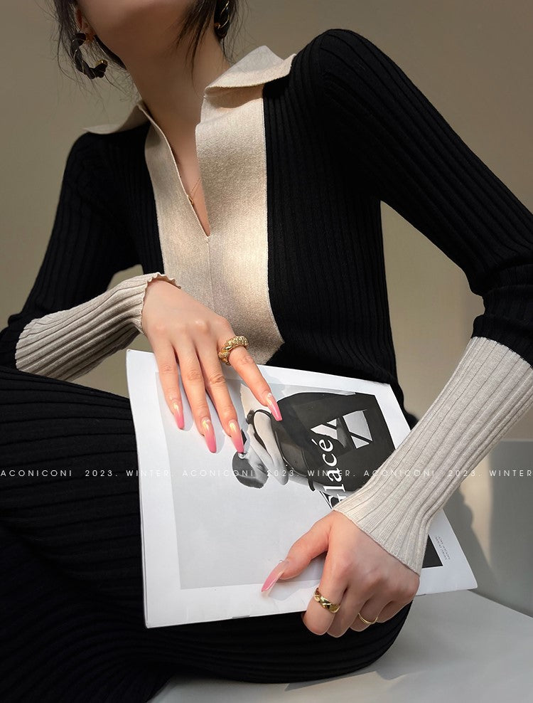 Aconiconi Luxury Polo Collar Long Sleeve Slim Fit Knitted Midi Dress- Paris Old Dream