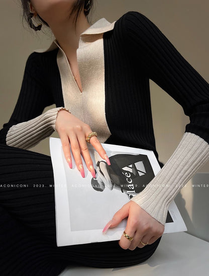 Aconiconi Luxury Polo Collar Long Sleeve Slim Fit Knitted Midi Dress- Paris Old Dream