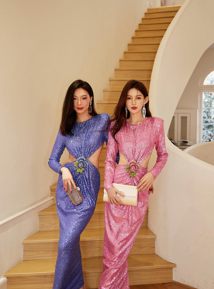 DOLLY Elegant Crew Neck Long Sleeve Slim Fit Sequin Long Evening Dress-IIANA