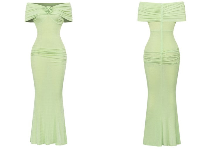 DOLLY Luxury French Style Off Shoulder Short Sleeve Hip Wrap Dinner Dress-ANTHEA