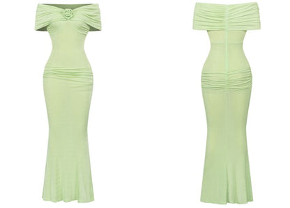 DOLLY Luxury French Style Off Shoulder Short Sleeve Hip Wrap Dinner Dress-ANTHEA