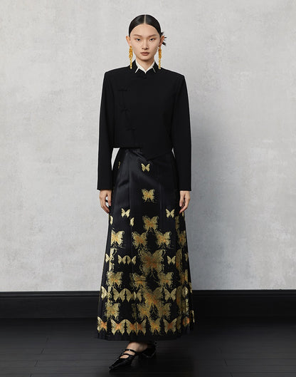 HECO Butterfly Hanfu High Waisted Pleated Long Skirt - rain.