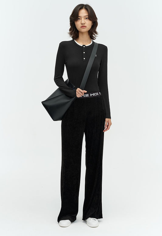 COMME MOI Lu Yan designer new women's velvet acetate logo wide-leg pants - FEEL.