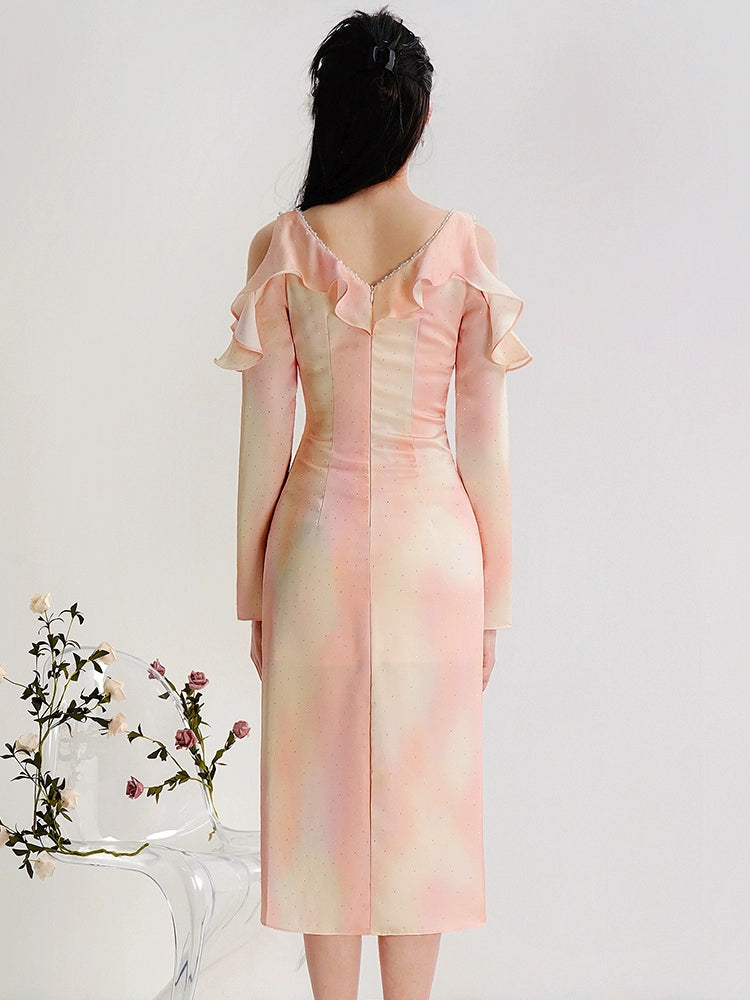 CHECOCRE Elegant Pink Smudge Sexy Off-the-shoulder Slit Midi Dress - CHERRY