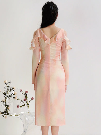 CHECOCRE Elegant Pink Smudge Sexy Off-the-shoulder Slit Midi Dress - CHERRY