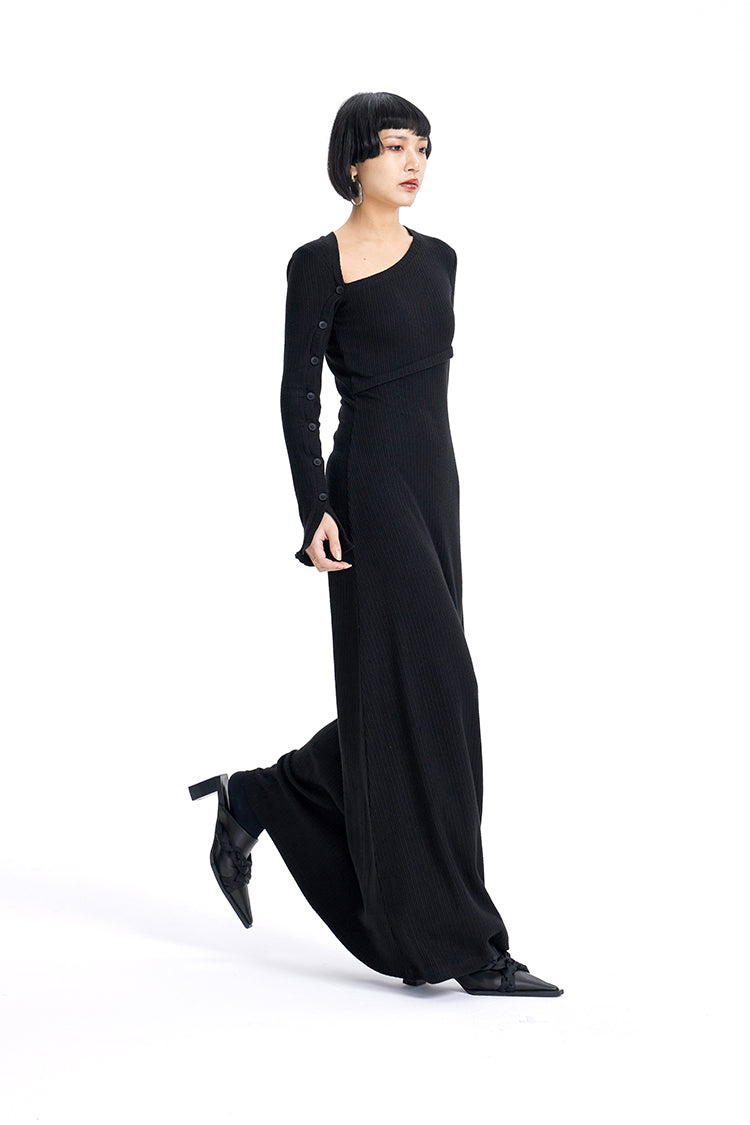 TINY IN knitted black slanted shoulder buttoned sleeves maxi dress-KURO