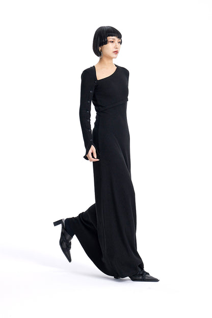 TINY IN knitted black slanted shoulder buttoned sleeves maxi dress-KURO