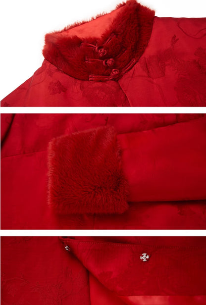 HECO 100% viscose High Neck Fur Collar red black Cotton Suit Women - entity.