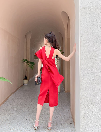 DOLLY Luxury Halter Neck Sleeveless Backless Big Bow Dinner Dress-PELA