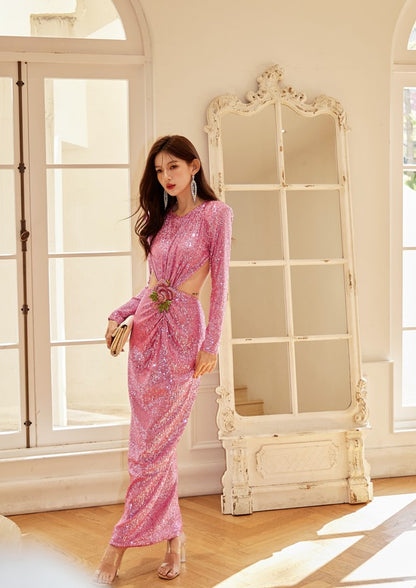 DOLLY Elegant Crew Neck Long Sleeve Slim Fit Sequin Long Evening Dress-IIANA