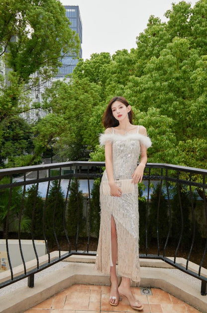 DOLLY Elegant White Sequin Feather Tube Top Fish Tail Slit Cocktail Dress-GINA