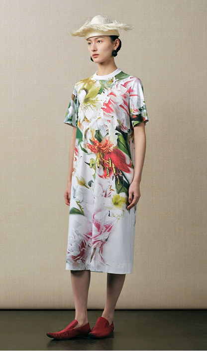 ZHUCHONGYUN round neck Chinese print short sleeve long dress-VINVO.