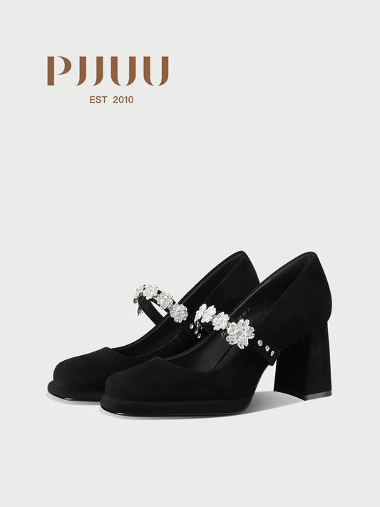 PJJUU Mary Jane black thick shoes with rhinestones - SWADE.