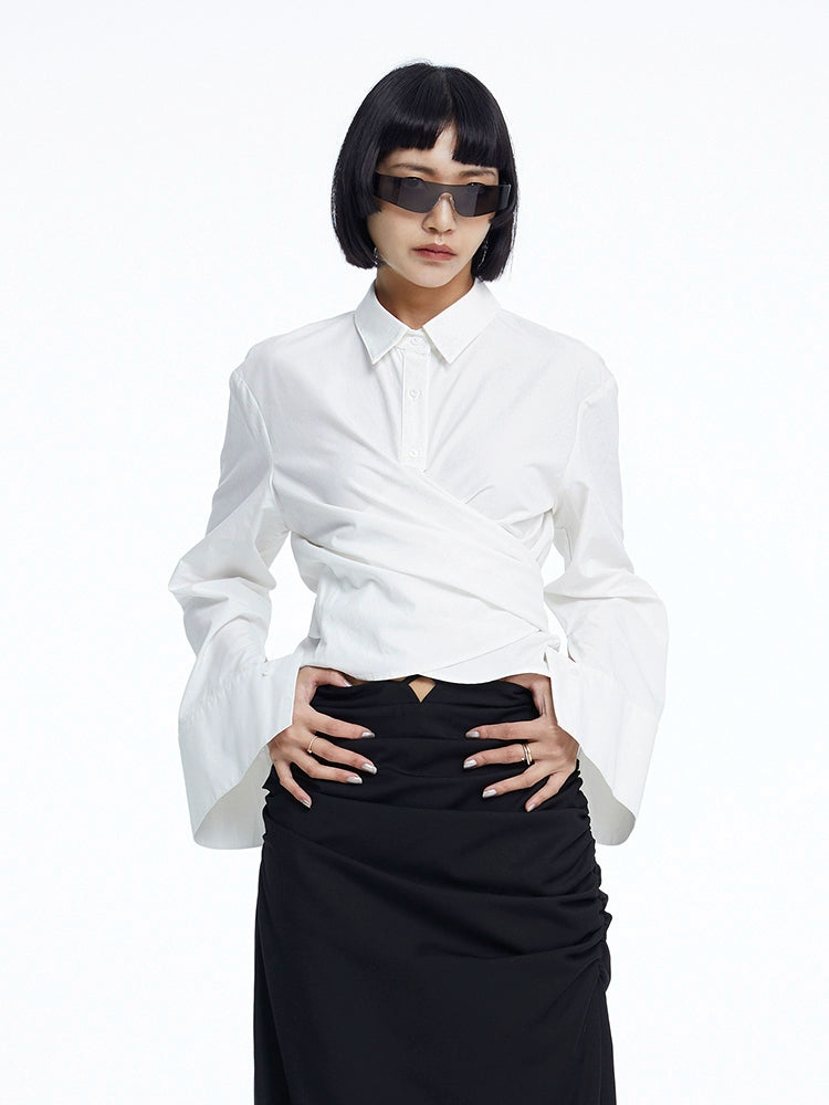 TINY IN white lace-up shirt one and two wear off-the-shoulder loose shirt -MEL