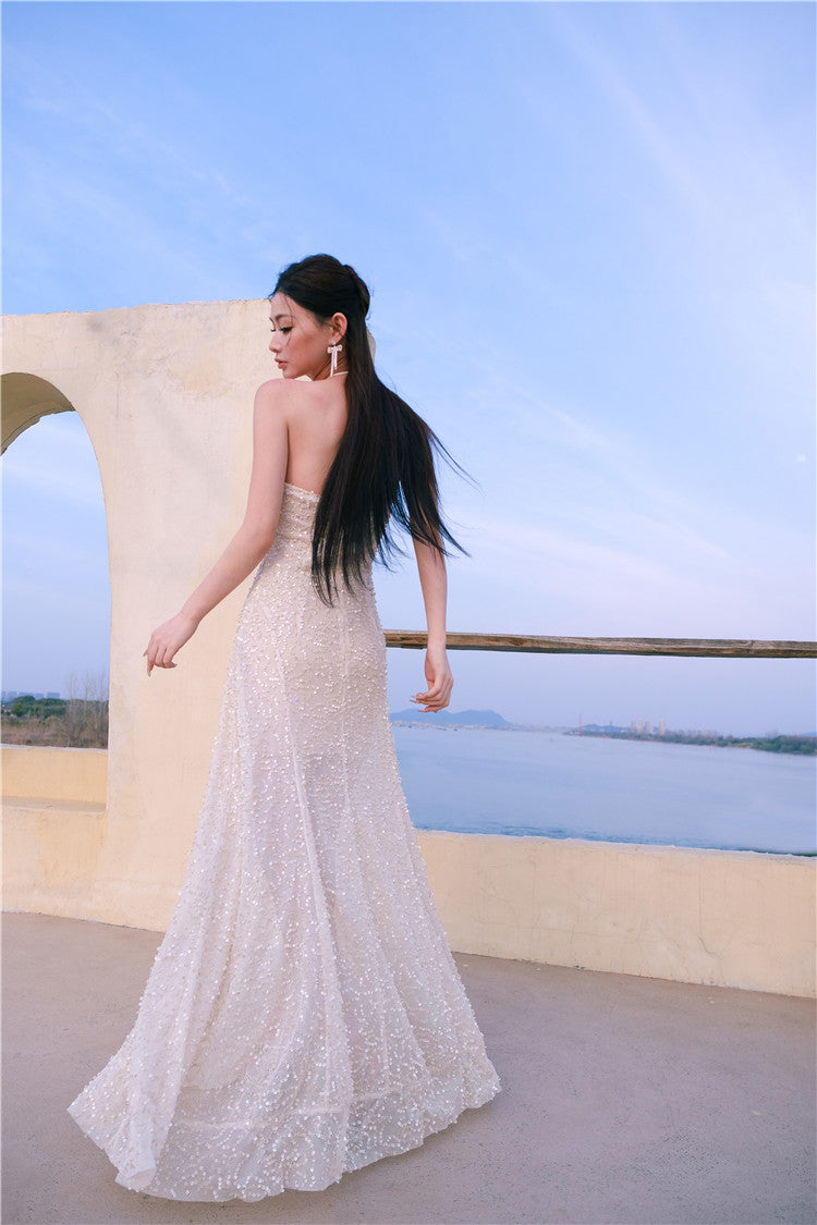 Wardrobes by Chen Luxury French Embroidered Butterfly Halter neck slick Dress- Kara