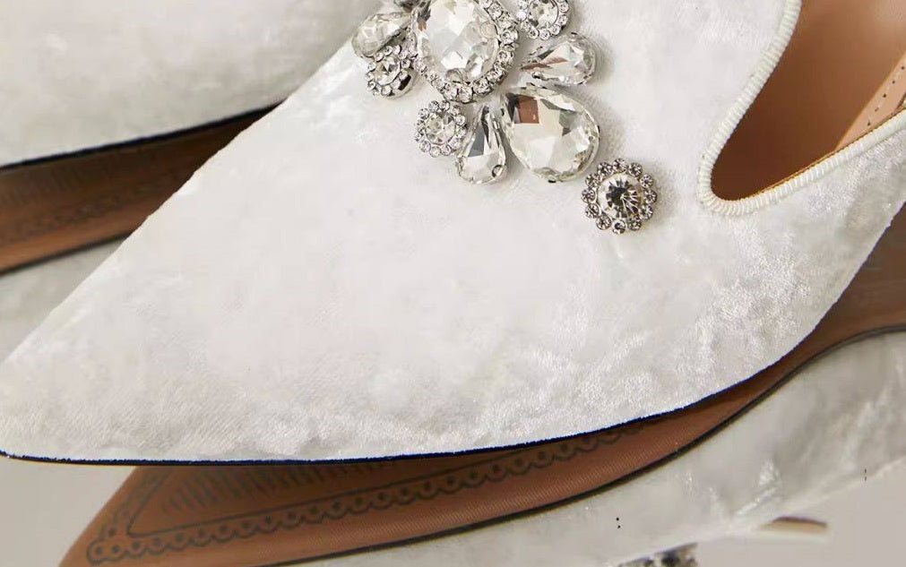 B-FEI Feather Rhinestone White small heels Mule Shoes - POLZ.