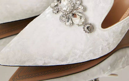 B-FEI Feather Rhinestone White small heels Mule Shoes - POLZ.