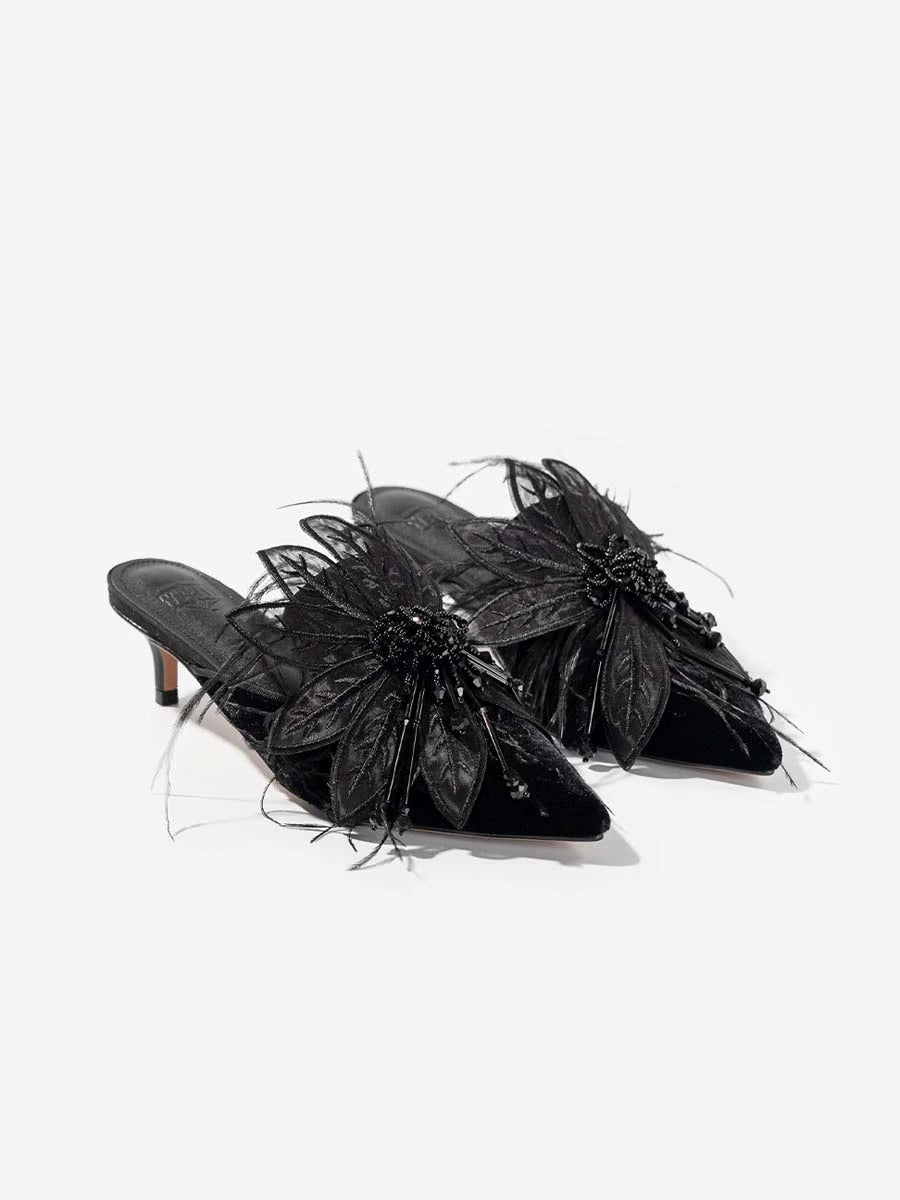 B-FEI Elegant Feather Rhinestone Black Kitten Heel mules-MABS.