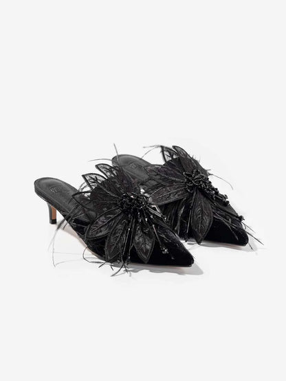 B-FEI Elegant Feather Rhinestone Black Kitten Heel mules-MABS.