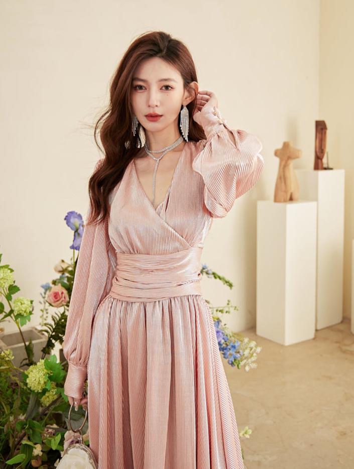 DOLLY Elegant Peach V-Neck Long Puff Sleeve High Waist Long Flowing Guest Dress-BESTY