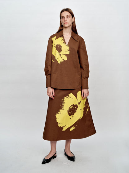 SERRER bright yellow daisy print brown pullover V-neck shirt - ISAIAH.