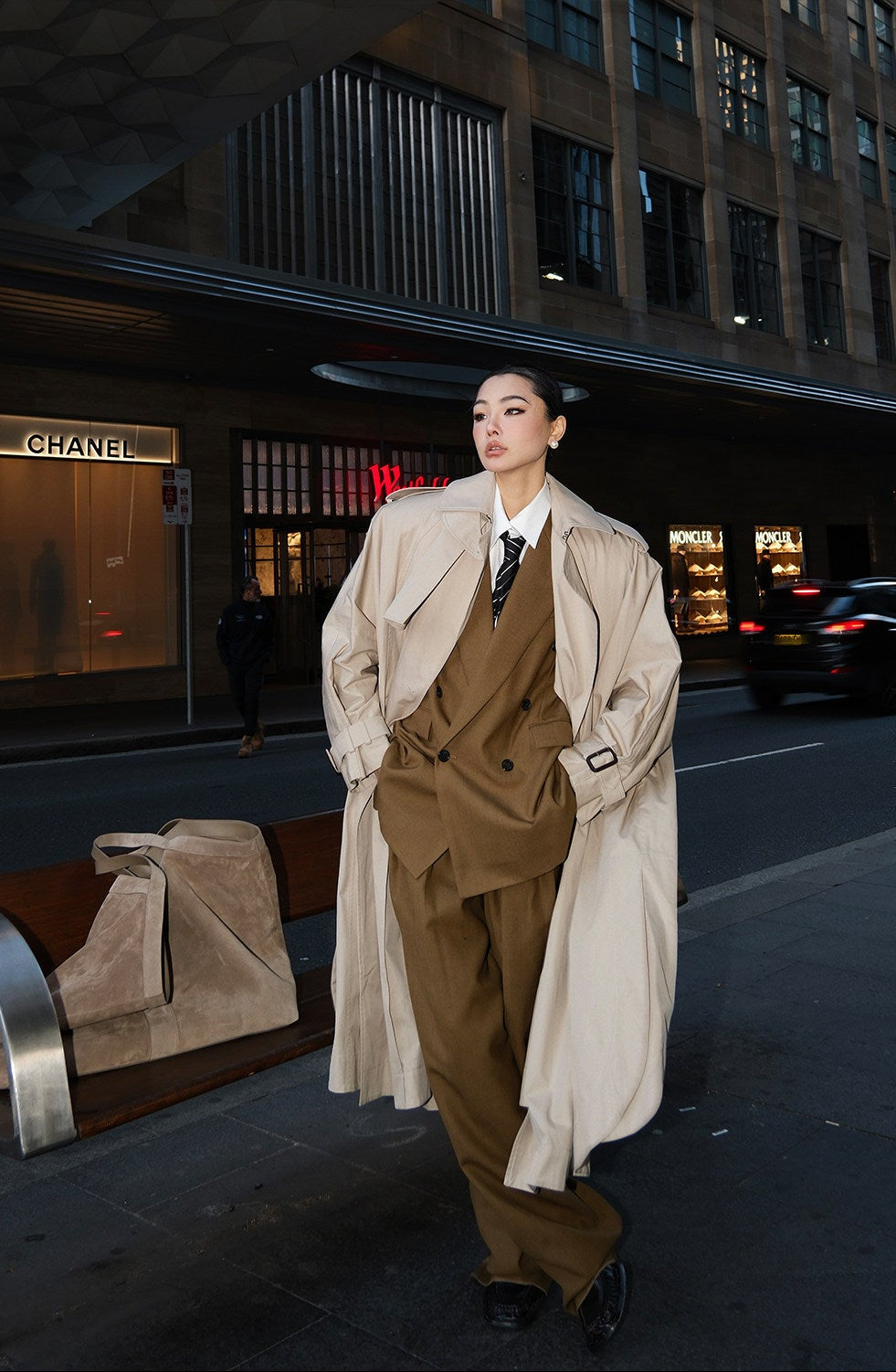 MEI SANGUAN Brown Tailored Blazer & Wide-Leg Pants Three-Piece Set- ARGON