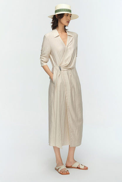 COMME MOI women's V-neck lace-up pinch pleated midi dress - JOSEPH.