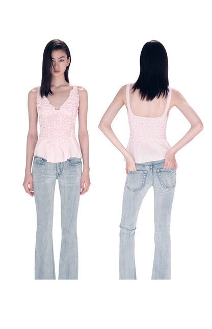SHOWROOMPLUS Sweet Suspender Temperament V-Neck Pleated Sleeveless Top-RODRI '