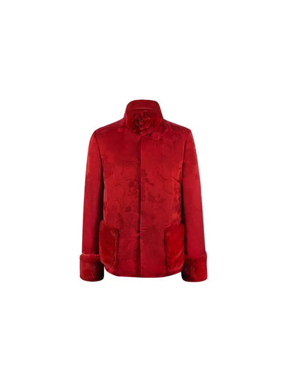 HECO 100% viscose High Neck Fur Collar red black Cotton Suit Women - entity.