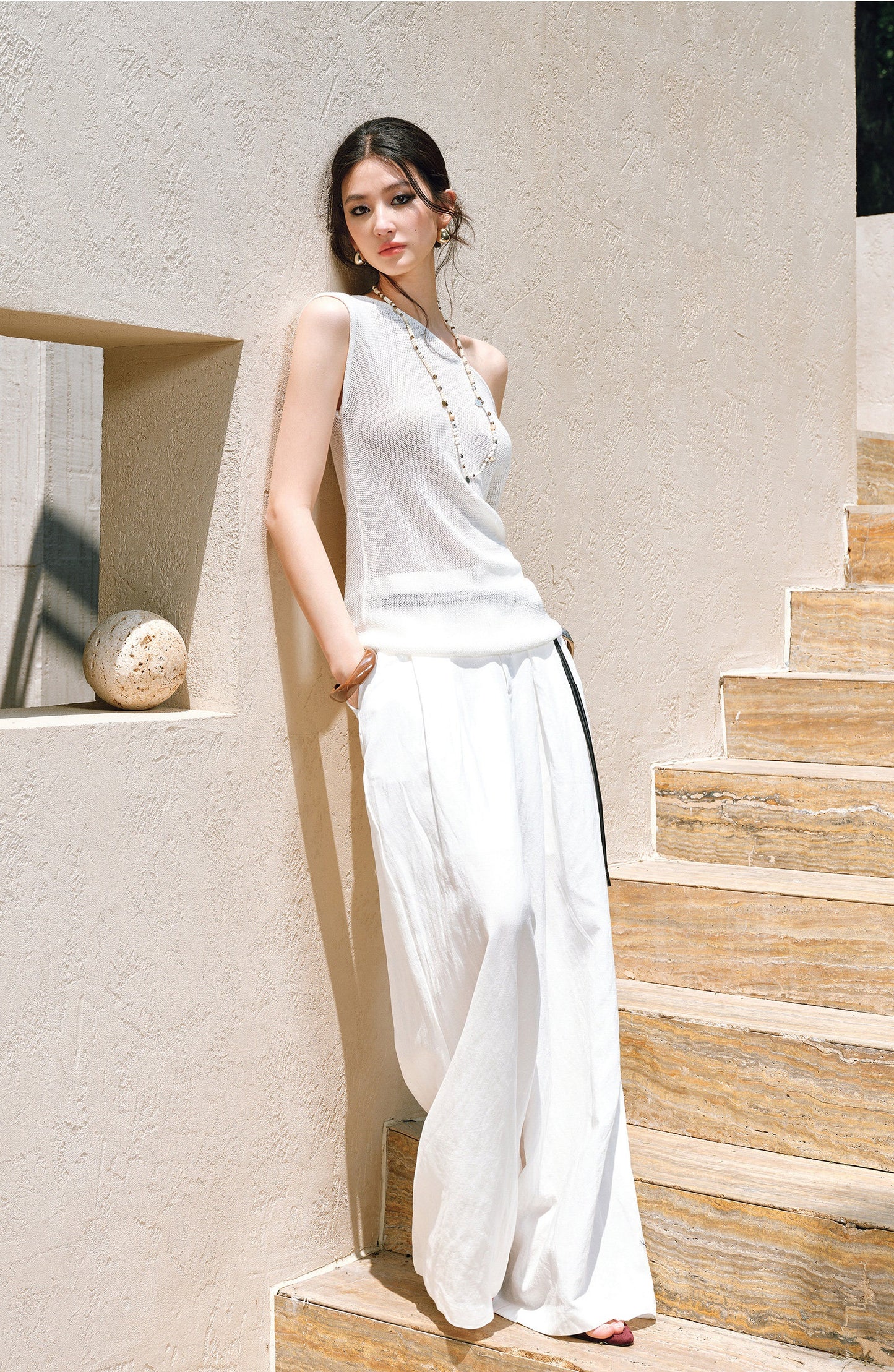 WANGXO |Linen Delicate Knit Slant Shoulder Top & Tailored Straight Pants with Airy Elegance Suit Set -RAYA