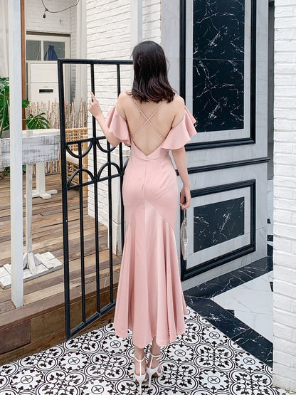 DOLLY Luxury Pink French Style V-Neck Ruffle Sleeve Long Wedding Guest Dress-MARON