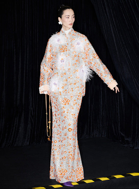 M essential Mackay designer vermilion embroidered fabric iris ostrich feather beaded jacket  FEA.