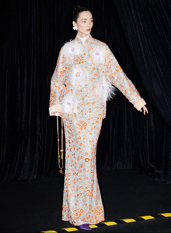 M essential Mackay designer vermilion embroidered fabric iris ostrich feather beaded jacket  FEA.