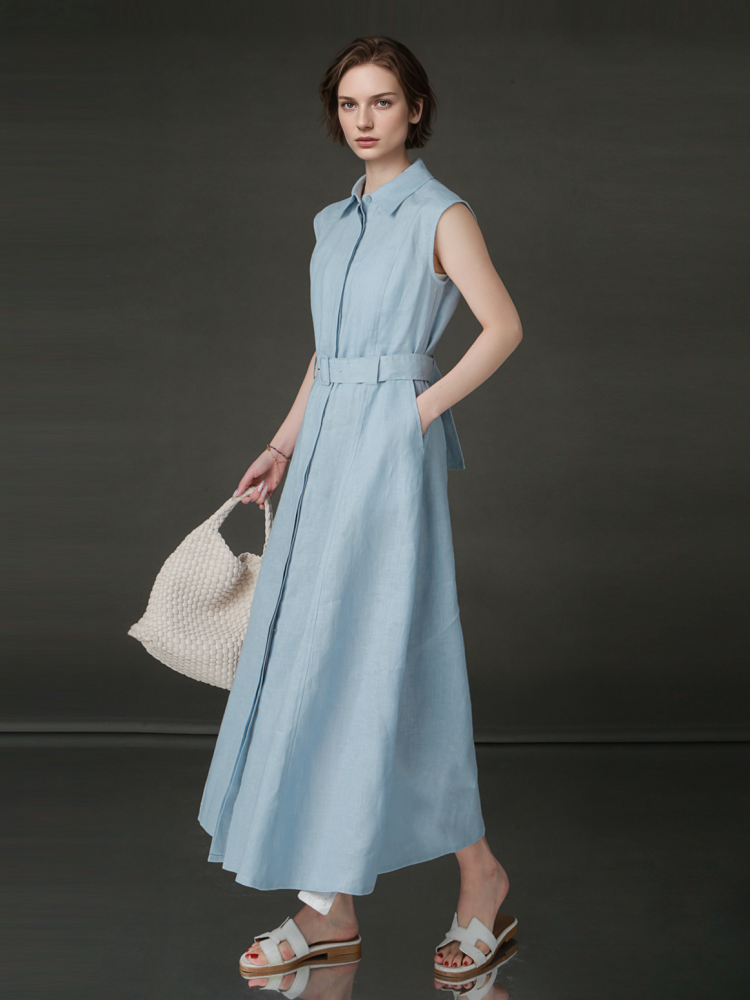 PIAOIN minimalist 100% linen sleeveless belted midi green pastel blue shirt dress -EVELYN.