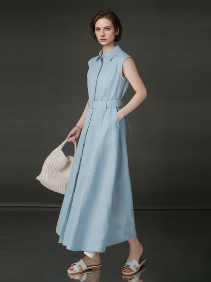 PIAOIN minimalist 100% linen sleeveless belted midi green pastel blue shirt dress -EVELYN.