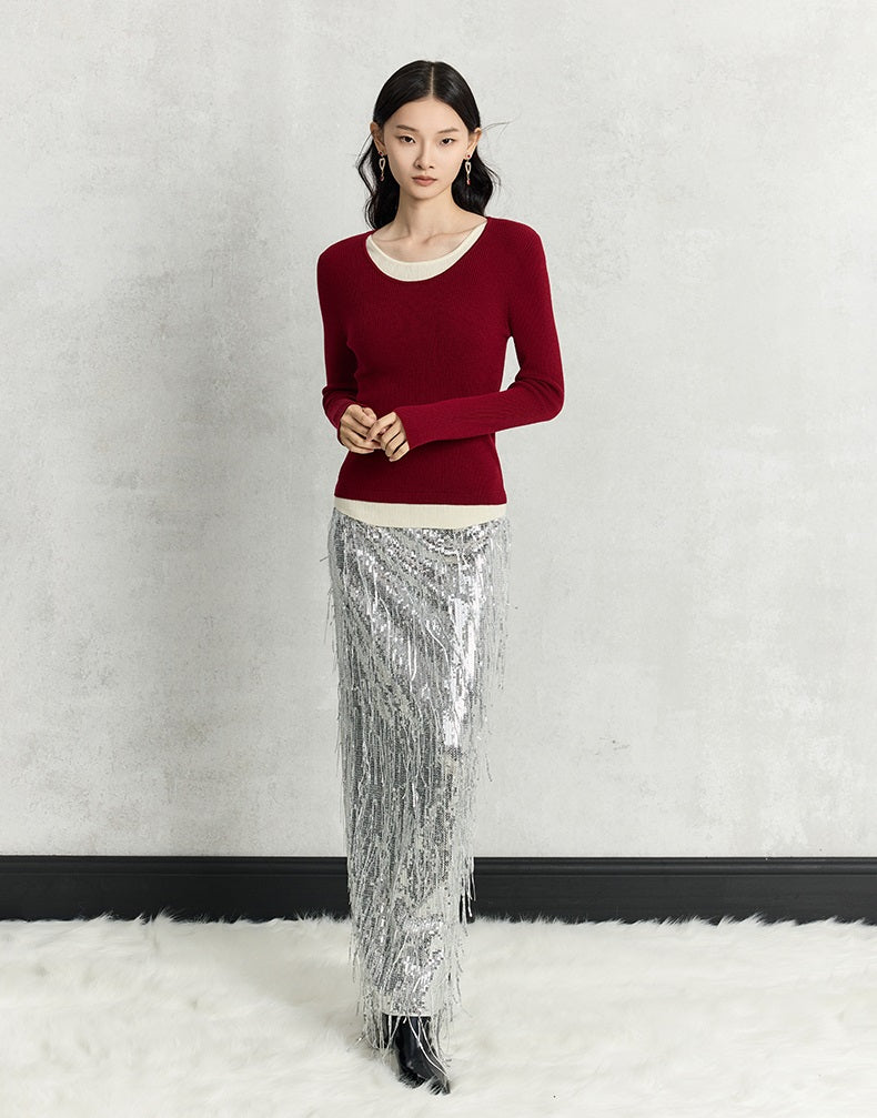 HECO 100% polyester Silver Black Sequins High Waist Slim Skirt Woman - sun.