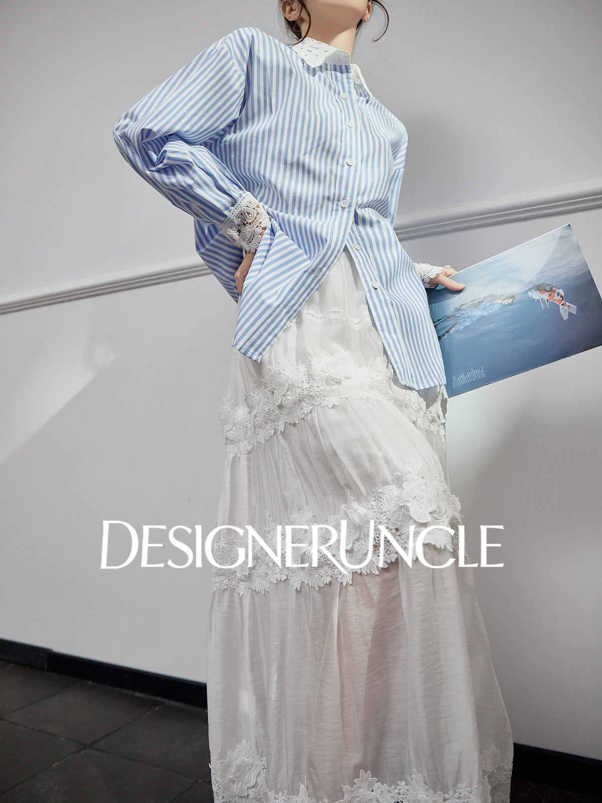 DGU|Blue Striped New Lace Stitching French Elegant Design Top - DREW.