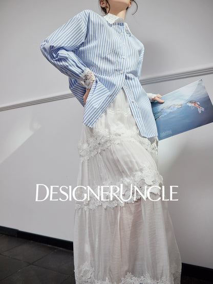 DGU|Blue Striped New Lace Stitching French Elegant Design Top - DREW.