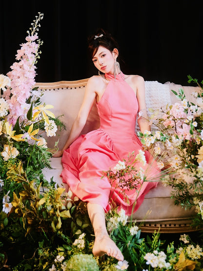 DOLLY Elegant Pink Halter Neck Sleeveless Long Loose A-Line Evening Dress-AMELIA