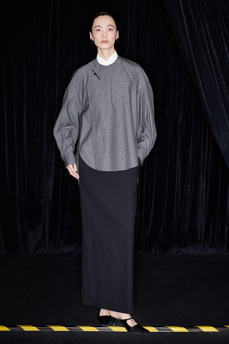 M essential Mackay designer sand diamond grey stripe diamond buckle silhouette shirt - ESHE .