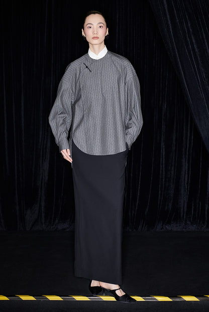 M essential Mackay designer sand diamond grey stripe diamond buckle silhouette shirt - ESHE .