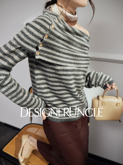 DGU| Dark gray knitted striped slanted shoulder buttons loose design pullover top - Joseph.