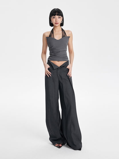 TINY IN  irregular sexy lace spliced gray halter neck top-FLORA