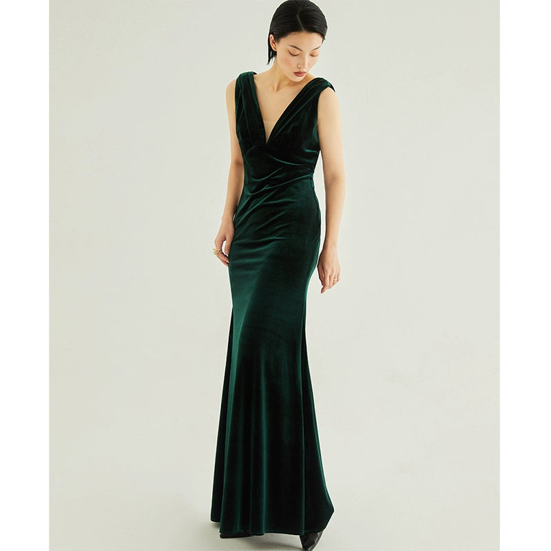 GOUDIN high-end temperament velvet long dark green dresses -ADDIE