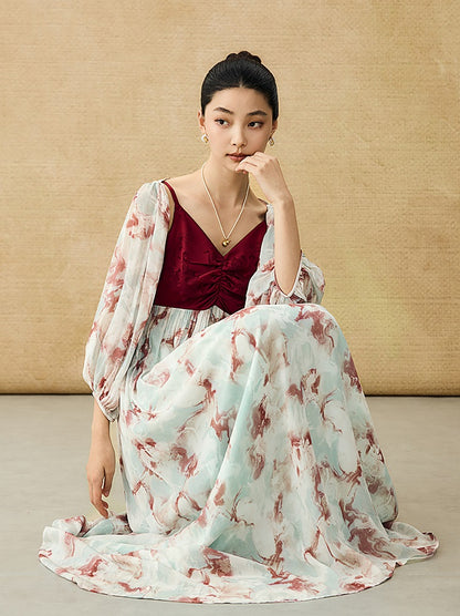 HECO Chinese V-neck camisole chiffon print long dress - BUSE.